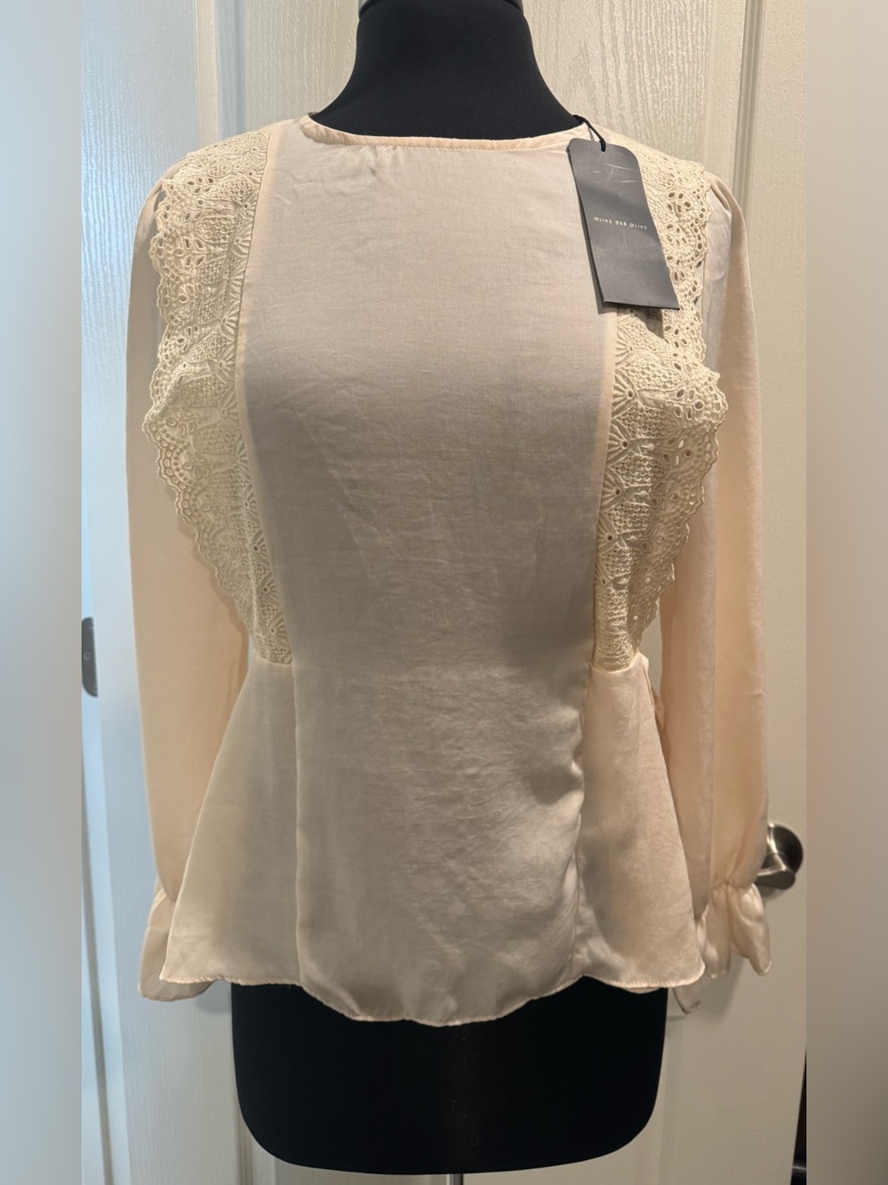 Ivory Lace-Panel Peplum Blouse